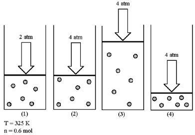 Assume that you have a sample of gas in a cylinder with a moveable piston,as shown in diagram (1).The initial pressure,number of moles,and temperature of the gas are noted on the diagram. -Which diagram (2)-(4)most closely represents the result of doubling the pressure and doubling the temperature while keeping the number of moles of gas constant?