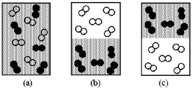 Assume that you have a mixture of nitrogen (molecular mass = 28 amu),represented by unshaded spheres,and chlorine (molecular mass = 71 amu),represented by shaded spheres at 300 K.Which of the drawings best represents the mixture?  