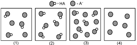 The following pictures represent solutions that contain a weak acid HA and/or its potassium salt KA.Unshaded spheres represent H atoms and shaded spheres represent A<sup>-</sup> ions.(K<sup>+</sup>,H<sub>3</sub>O<sup>+</sup>,OH<sup>-</sup>,and solvent H<sub>2</sub>O molecules have been omitted for clarity. )   -Which solution has the greatest buffer capacity?