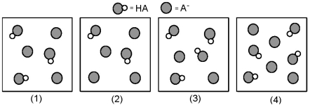 The following pictures represent solutions that contain a weak acid HA (pK<sub>a</sub> = 5.0)and its potassium salt KA.Unshaded spheres represent H atoms and shaded spheres represent A<sup>-</sup> ions.(K<sup>+</sup>,H<sub>3</sub>O<sup>+</sup>,OH<sup>-</sup>,and solvent H<sub>2</sub>O molecules have been omitted for clarity. ) -Which solution has the largest percent dissociation of HA?