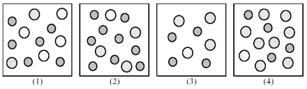 The following pictures represent solutions of AgCl,which may also contain ions other than Ag<sup>+</sup> and Cl<sup>-</sup> which are not shown.Gray spheres represent Ag<sup>+</sup> ions and dotted spheres represent Cl<sup>-</sup> ions.   -If solution (1)is a saturated solution of AgCl,which of solutions (1)-(4)represents the solution after a small amount of HNO<sub>3</sub> is added and equilibrium is restored?