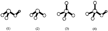 Shown below are four oxoanions of sulfur.Small gray spheres represent hydrogen,unshaded spheres represent oxygen,and dotted spheres represent sulfur. -Which oxoanion is the strongest acid?