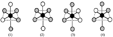 Consider the following isomers of [Co(NH<sub>3</sub>)<sub>4</sub>Br<sub>2</sub>]<sup>+</sup>.The black sphere represents Co,gray spheres represent NH<sub>3</sub>,and unshaded spheres represent Br.   -Which exist as enantiomers?