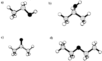   -2-Propanol has the molecular formula C<sub>3</sub>H<sub>8</sub>O.Which ball and stick model shown above represents 2-propanol? [gray spheres = C,black spheres = O,unshaded spheres = H]