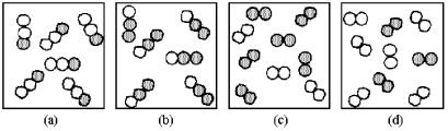 If unshaded spheres represent nitrogen atoms and shaded spheres represent oxygen atoms,which box represents reactants and which represents products for the reaction 2 N<sub>2</sub>O(g)→ 2 N<sub>2</sub>(g)+ O<sub>2</sub>(g)?