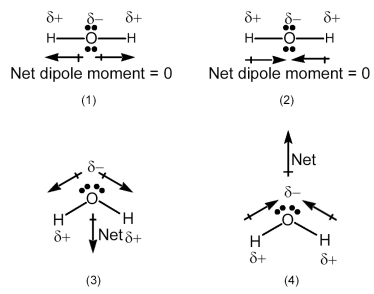 Which drawing best accounts for the polarity of water,H<sub>2</sub>O,and the bond polarities that make a major contribution to the overall molecular polarity?