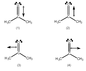 Which best indicates the direction of the dipole moment in acetone, (CH<sub>3</sub>)<sub>2</sub>C=O?