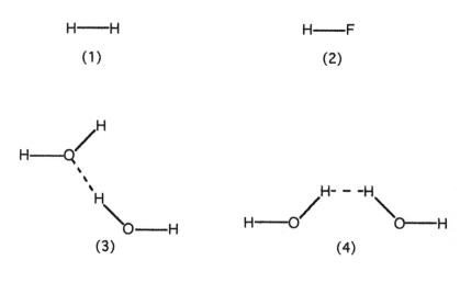 Which drawing best represents hydrogen bonding?  