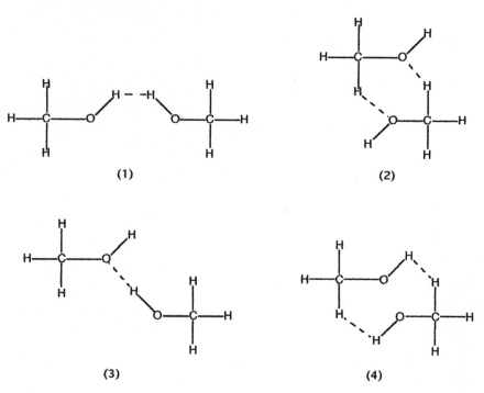 Which drawing below best represents hydrogen bonding methanol,CH<sub>3</sub>OH?