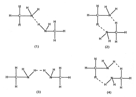 Which drawing best represents hydrogen bonding in methylamine,CH<sub>3</sub>NH<sub>2</sub>?