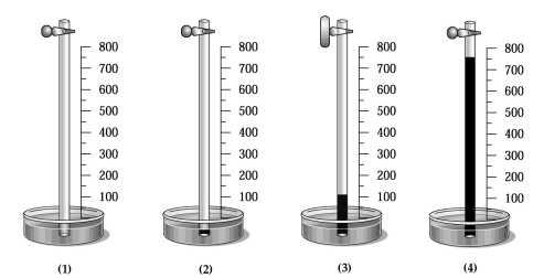 A glass tube has one end in a dish of mercury and the other end closed by a stopcock.The distance from the surface of the mercury to the bottom of the stopcock is 800 mm,as indicated by the meter stick shown in the drawing below.The apparatus is at 20°C,and the mercury level in the tube is the same as that in the dish. -Which drawing best shows the approximate level of the mercury in the tube when the temperature of the entire apparatus is lowered from +20°C to -20°C?