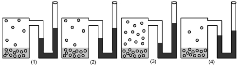 <strong>. If figure (1)represents the vapor pressure of water at 25°C in a 1 liter container,which figure represents the vapor pressure of water at 25°C in a 2 liter container? </strong> A)figure (2) B)figure (3) C)figure (4)