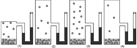 <strong>. If figure (1)represents the vapor pressure of water at 25°C in a 1 liter container,which figure represents the vapor pressure of water at 25°C in a 2 liter container? </strong> A)figure (2) B)figure (3) C)figure (4)