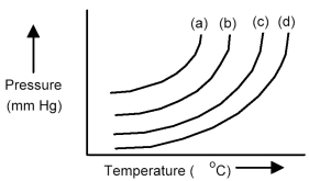 <strong>The plots below represent vapor pressure vs.temperature curves for diethyl ether,ethanol,mercury,and water,not necessarily in that order. Based on the relative strengths of the intermolecular forces of attraction of each substance,which is the most likely vapor pressure vs.temperature curve for water?</strong> A)curve (a) B)curve (b) C)curve (c) D)curve (d)