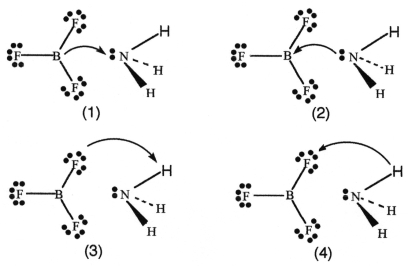 BF<sub>3</sub> and NH<sub>3</sub> undergo a Lewis acid-base reaction forming an adduct.Which picture below correctly represents the curved arrow notation for the initial Lewis acid-Lewis base interaction in this reaction;what is the Lewis acid and the Lewis base?