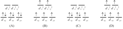 <strong>What is the crystal field energy level diagram for the complex [Co(CN)<sub>6</sub>]<sup>3-</sup>?  </strong> A)(A) B)(B) C)(C) D)(D) <div style=padding-top: 35px> 