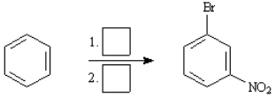 Instructions: Choose the best reagent(s) from the list provided below for carrying out the following conversions. Place the letter of the reagent in the box beside the reaction number over the arrow. There is only one answer for each reaction. a. KMnO<sub>4</sub>, H<sub>3</sub>O<sup>+ </sup>b. Br<sub>2</sub>, FeBr<sub>3 </sub>c. Cl<sub>2</sub>, FeCl<sub>3 </sub>d. CH<sub>3</sub>Cl, AlCl<sub>3 </sub>e. HNO<sub>3</sub>, H<sub>2</sub>SO<sub>4</sub> Choose the best reagents: