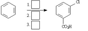 Instructions: Choose the best reagent(s) from the list provided below for carrying out the following conversions. Place the letter of the reagent in the box beside the reaction number over the arrow. There is only one answer for each reaction. a. KMnO<sub>4</sub>, H<sub>3</sub>O<sup>+ </sup>b. Br<sub>2</sub>, FeBr<sub>3 </sub>c. Cl<sub>2</sub>, FeCl<sub>3 </sub>d. CH<sub>3</sub>Cl, AlCl<sub>3 </sub>e. HNO<sub>3</sub>, H<sub>2</sub>SO<sub>4</sub> Choose the best reagents: