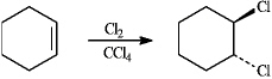 <strong>Instructions: To answer the question(s) below, consider the following reaction: When cyclohexene reacts with chlorine in tetrachloromethane, the following dihalide is formed. Refer to instructions. Since the two chlorine atoms add to opposite faces of the cyclohexene double bond, we say that the reaction occurs with:</strong> A) syn stereochemistry B) cis stereochemistry C) anti stereochemistry D) retention of stereochemistry