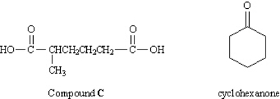 To answer the questions below, consider the following information: In an abandoned laboratory has been found a flammable liquid, A, in a bottle bearing only the label Compound A: C<sub>7</sub>H<sub>12</sub>. Government agents have offered you a considerable sum to determine the structure of this compound. After verifying the molecular formula by elemental analysis, you find that Compound A reacts with 1 mol equiv of hydrogen and, after treatment with acidic KMnO<sub>4</sub>, gives the dicarboxylic acid C (see below). Another bottle from the same laboratory is labeled Compound B (isomer of A). Compound B also reacts with 1 mol equiv of hydrogen, but yields cyclohexanone after treatment with acidic KMnO<sub>4</sub>. Refer to Instructions. Suggest structures for A and B.