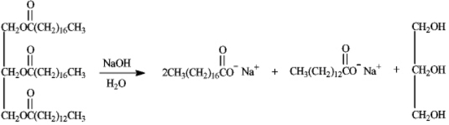 Write the saponification reaction of glyceryl distearate monooleate.  <div style=padding-top: 35px> 