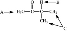 <strong>Instructions: Refer to the structure of 3-methylbutan-2-one below to answer the following question(s). Refer to instructions. What is the splitting pattern for the hydrogens in 3-methylbutan-2-one labeled A, B, and C, respectively?</strong> A) singlet, singlet, singlet B) singlet, septet, quartet C) singlet, septet, doublet D) singlet, septet, doublet, doublet