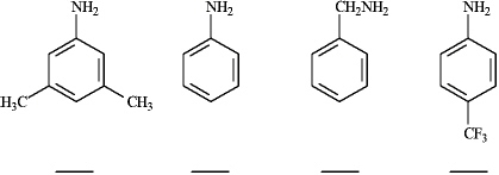 Rank the following compounds in order of increasing basicity. Label the least basic compound 1 and the most basic compound 4. Place the number corresponding to the compound's rank in the blank below the compound.