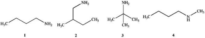 <strong>Which of the following compounds are primary (1 \degree ) amines? </strong> A) 1 and 2 B) 1 and 3 C) 1, 2 and 3 D) 1, 2, 3 and 4