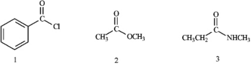 <strong>What is the correct assignment of the functional groups in the following compounds? </strong> A) 1 = acid chloride; 2 = ester; 3 = nitrile B) 1 = carboxylic acid; 2 = ester; 3 = imide C) 1 = acid chloride; 2 = ester; 3 = amide D) 1 = acid anhydride; 2 = ester; 3 = imide