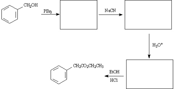 Ethyl phenylacetate is a pleasant smelling compound used in perfumery. Draw structures for each of the intermediates in the synthesis of ethyl phenylacetate below.