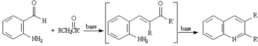 Exhibit 23-3 Consider the data below to answer the following question(s): The Friedlander Quinoline Synthesis,first reported in 1882,is the base-catalyzed condensation of 2-aminobenzaldehydes with ketones to form quinoline derivatives. -Refer to Exhibit 23-3.The second step of the Friedlander Quinoline Synthesis is a nucleophilic addition of a primary amine to a ketone yielding an imine.Write the complete stepwise mechanism for this imine forming reaction.Show all electron flow with arrows and show all intermediate structures.
