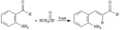 Exhibit 23-3 Consider the data below to answer the following question(s): The Friedlander Quinoline Synthesis,first reported in 1882,is the base-catalyzed condensation of 2-aminobenzaldehydes with ketones to form quinoline derivatives. -Refer to Exhibit 23-3.The first step of the Friedlander Quinoline Synthesis is a mixed aldol condensation.Write the complete stepwise mechanism for this reaction. 