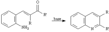 Exhibit 23-3 Consider the data below to answer the following question(s): The Friedlander Quinoline Synthesis,first reported in 1882,is the base-catalyzed condensation of 2-aminobenzaldehydes with ketones to form quinoline derivatives. -Refer to Exhibit 23-3.The second step of the Friedlander Quinoline Synthesis is a nucleophilic addition of a primary amine to a ketone yielding an imine.Write the complete stepwise mechanism for this imine forming reaction.Show all electron flow with arrows and show all intermediate structures.