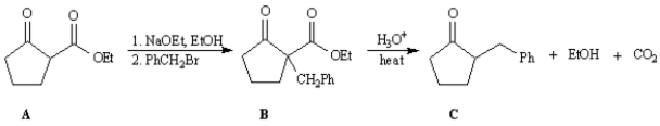 Exhibit 22-5 Consider the reaction sequence below to answer the following question(s): -Refer to Exhibit 22-5.Conversion of B into C involves hydrolysis of the ester followed by decarboxylation.On the structures provided below,show the electron flow for the decarboxylation step.