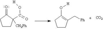 Exhibit 22-5 Consider the reaction sequence below to answer the following question(s): -Refer to Exhibit 22-5.Conversion of B into C involves hydrolysis of the ester followed by decarboxylation.On the structures provided below,show the electron flow for the decarboxylation step.