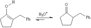 Exhibit 22-5 Consider the reaction sequence below to answer the following question(s): -Refer to Exhibit 22-5.The initial product formed on decarboxylation is an enol,which rapidly equilibrates to its keto form under the acidic reaction conditions.Write the complete stepwise mechanism for the acid-catalyzed conversion of the enol into its keto form,Compound C.