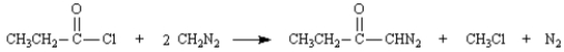 Exhibit 21-2 Consider the reaction below to answer the following question(s): Acid halides react with diazomethane to yield diazoketones.Excess diazomethane is used to prevent the HCl produced in the reaction from reacting with the diazoketone. -Refer to Exhibit 21-2.Diazomethane is an example of a dipolar molecule;a molecule which is neutral overall but has charges on individual atoms.One resonance form of diazomethane is drawn below.Draw the Lewis structure of the other resonance form of diazomethane.Be sure to include all formal charges.