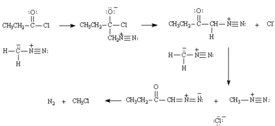 Exhibit 21-2 Consider the reaction below to answer the following question(s): Acid halides react with diazomethane to yield diazoketones.Excess diazomethane is used to prevent the HCl produced in the reaction from reacting with the diazoketone. -Refer to Exhibit 21-2.The intermediate structures for the mechanism for the reaction of propanyl chloride with diazomethane are provide below.Show all electron flow with arrows on these structures.