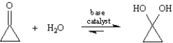 Exhibit 19-1 Consider the reaction below to answer the following question(s): -Refer to Exhibit 19-1.The exact position of the equilibrium between ketones/aldehydes and their hydrates depends on the structure of the carbonyl compound.Although the equilibrium favors the carbonyl compound in most cases,cyclopropanone forms a stable hydrate.Explain this phenomenon based on the structures of cyclopropanone and its hydrate.