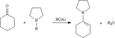 Enamines formed from the cyclic secondary amine pyrrolidine are important intermediates in the synthesis of 1,5-diketones. On the structures provided below,draw arrows showing electron flow for the reaction mechanism for the acetic acid-catalyzed formation of an enamine from cyclohexanone and pyrrolidine.