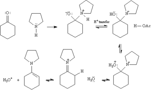 Enamines formed from the cyclic secondary amine pyrrolidine are important intermediates in the synthesis of 1,5-diketones. On the structures provided below,draw arrows showing electron flow for the reaction mechanism for the acetic acid-catalyzed formation of an enamine from cyclohexanone and pyrrolidine.
