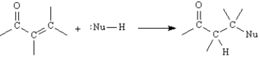 Exhibit 19-4 α,β-Unsaturated aldehydes and ketones can undergo reaction with nucleophiles at the β carbon,as shown below. Refer to Exhibit 19-4.Draw a resonance form for the unsaturated carbonyl that accounts for this reactivity.