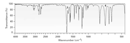 Which of the labeled peaks would allow the distinction of an aldehyde from a ketone based on this spectrum?