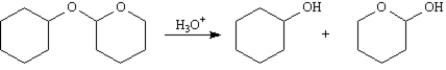 Exhibit 18-2 Consider the data below to answer the following question(s). Acetals are a special class of ethers which have two ether linkages at a single carbon.Tetrahydropyranyl ethers are acetals that are easily cleaved with mild aqueous acids at room temperature to yield alcohols. Refer to Exhibit 18-2.Draw arrows showing the electron flow for this reaction on the structures provided below.
