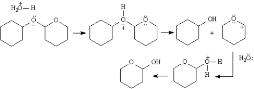 Exhibit 18-2 Consider the data below to answer the following question(s). Acetals are a special class of ethers which have two ether linkages at a single carbon.Tetrahydropyranyl ethers are acetals that are easily cleaved with mild aqueous acids at room temperature to yield alcohols. Refer to Exhibit 18-2.Draw arrows showing the electron flow for this reaction on the structures provided below.