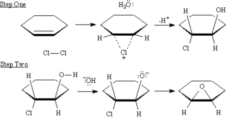 Exhibit 18-3 Consider the data below to answer the following question(s). Epoxides are synthesized industrially in one step by silver oxide air oxidation of ethylene and on a laboratory scale in one step by treating an alkene with m-chloroperoxybenzoic acid.An alternative two-step process converts alkenes to halohydrins,which are converted by treatment with base to epoxides. Refer to Exhibit 18-3.Show electron flow with arrows on the structures provided below for each step in the above transformation.