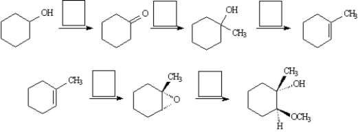 Choose the best reagent for carrying out the following reactions from the list below.Place the letter of the reagent(s) in the box over the reaction arrow.Use only one letter per box. A. NaH,then CH<sub>3</sub>I B. NaOCH<sub>3</sub>,CH<sub>3</sub>OH C. m-ClC<sub>6</sub>H<sub>4</sub>CO<sub>3</sub>H D. CH<sub>3</sub>MgBr in ether,then H<sub>3</sub>O<sup>+</sup> E. warm H<sub>2</sub>SO<sub>4</sub>/H<sub>2</sub>O F. Hg(O<sub>2</sub>CCF<sub>3</sub>)<sub>2</sub>,CH<sub>3</sub>OH G. H<sub>2</sub>/Pd H. PCC,CH<sub>2</sub>Cl<sub>2</sub> I. Cl<sub>2</sub>,H<sub>2</sub>O J. LiAlH<sub>4</sub> in ether,then H<sub>3</sub>O<sup>+</sup>