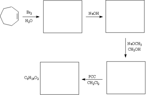 Complete the synthetic sequence below by drawing the structures of the reaction in the boxes provided.
