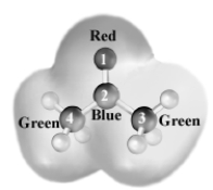 Consider the following grayscale electrostatic potential map.The regions are labeled as to color. Which atom is the most likely to be attacked by a nucleophile?