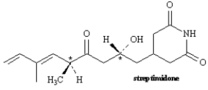 Exhibit 5-4 Consider the structure of streptimidone to answer the following question(s). -Refer to Exhibit 5-4.Assign R or S configuration to each chirality center indicated in streptimidone.